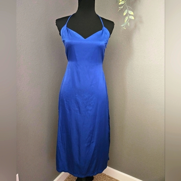 Urban Outfitters Blue Silky Maxi Dress With Side Slit - small - Picture 2 of 13